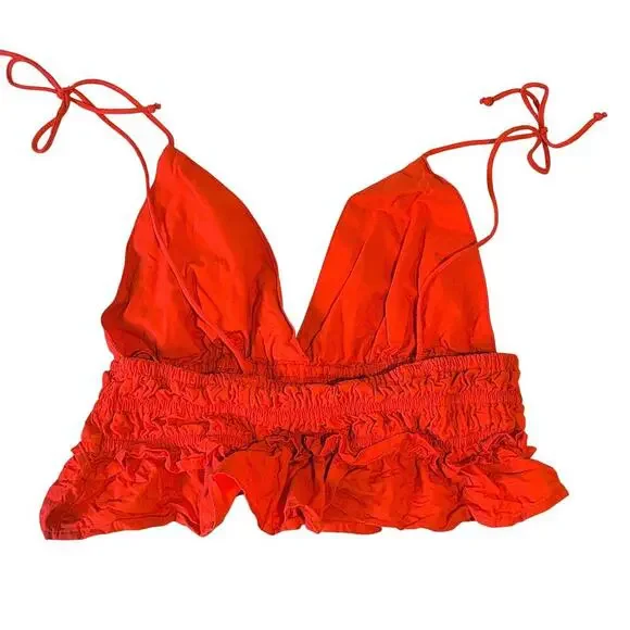 Sim & Sam MED PAOLINA RED Smocked Strappy Ruffled Tiered Boho Festival Crop Top - Picture 3 of 5